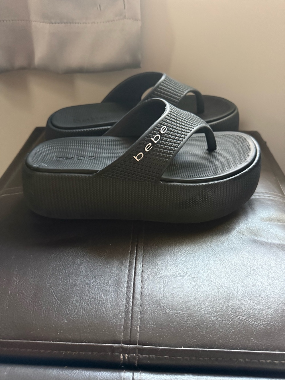 bebe Black Platform Thong Sandals with Logo Strap